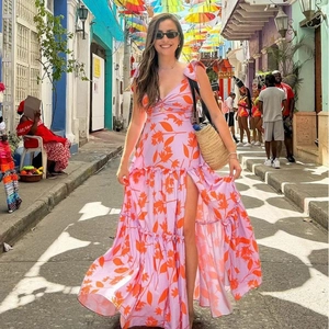 Costume Da Bagno E Gonna Lunga Con Stampa Floreale Scollo A V Volant Boho Vacanze Estate Mare Senza Maniche Rosa