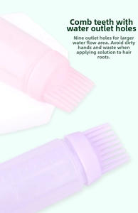 Detail of 170ml hair dye applicator bottles with 9-hole comb tip for even scalp coating
