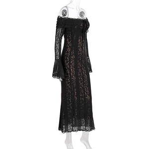 Detail of elegant black lace maxi dress with bell sleeves and off-the-shoulder design