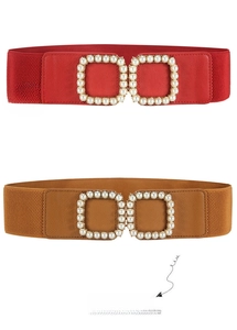 Detail of elastic waist belts in red and brown with pearl-embellished square buckles