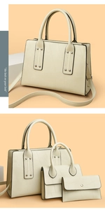 Detail of three-piece cream white crocodile pattern leather handbag set with metal studs