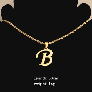 Gold stainless steel twist chain necklace with large letter B pendant, 50cm length
