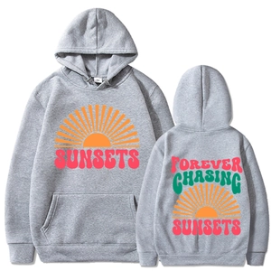 Sweat à capuche gris avec imprimé Sunsets et motif coucher de soleil, manches longues