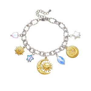 Stainless steel celestial charm bracelet with gold silver sun moon and star pendants