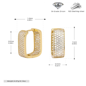 Detailed size and weight specs of gold S925 silver square zircon earrings on white