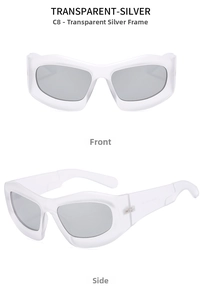 Front and side macro views of futuristic Y2K oversized white transparent sunglasses