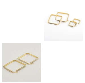 Detail of square gold stainless steel earrings with sparkling inlaid rhinestones