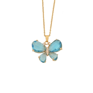 Chic butterfly pendant necklace with blue crystals and zircon in gold stainless steel