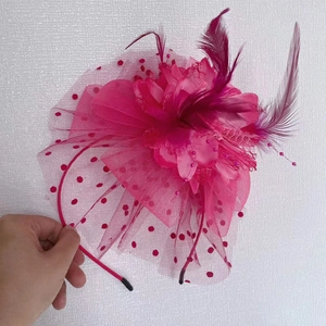 Pink vintage polka dot mesh flower headband with soft feathers for bridal parties