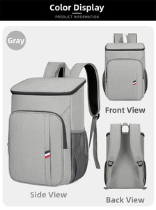 Vue détaillée du sac à dos de pique-nique isotherme gris avec poches filet latérales