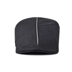 Classic black cotton flat cap with subtle grey stripes and structured vintage design