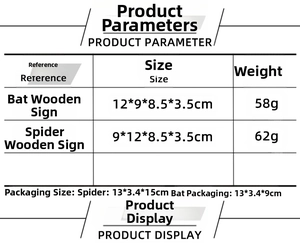 Spécifications de taille et poids pour ornements de fête en bois araignée et chauve-souris