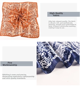 Detail of silk-like paisley square scarf showing bronze and navy patterns with fine stitching