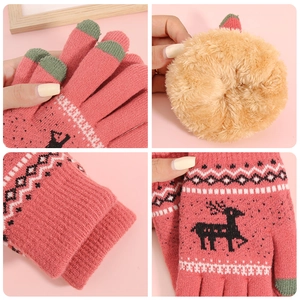 Pink winter touchscreen gloves for women with reindeer pattern and thick plush lining