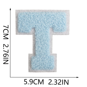 Detail showing dimensions of blue chenille towel embroidered letter T patch for clothing