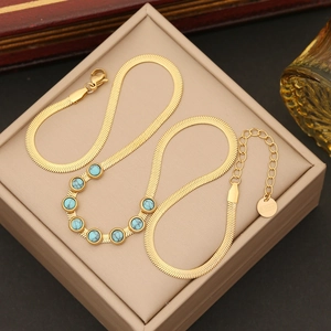Elegant gold stainless steel snake chain necklace and turquoise bead bracelet set