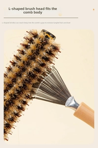 Macro detail of L-shaped metal cleaning claw removing hair from a wooden roller brush