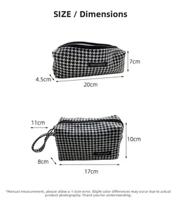 Size comparison chart for houndstooth organizer bags in two different dimensions