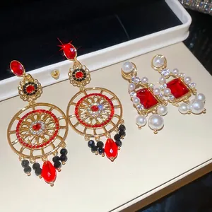Boucles D'oreilles Pendantes Style Palais Rétro Avec Tige En Argent 925 Strass Rouge Imitation Künstliche Perle Géométrique Creux