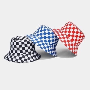 Three color options of checkered bucket hats in black, blue, and red for stylish sun protection