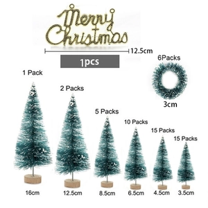 Detailed set of blue-green mini Christmas trees with wood bases and gold festive signs
