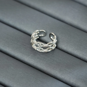 Detail shot of silver double-layered chain ring with micro-pave cubic zirconia crystals