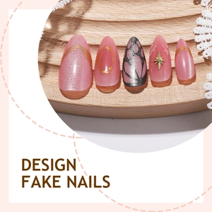 Pink cat-eye press-on nails with butterfly pattern and almond shape glitter design