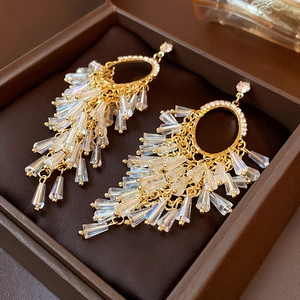 Detailed macro of gold tassel earrings with iridescent crystals in a jewelry box