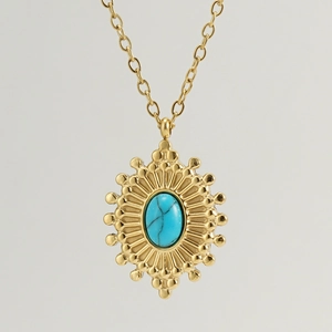 18K gold plated stainless steel sunburst necklace with oval turquoise stone pendant
