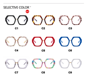 Multiple colors of hexagonal polygon blue light blocking glasses frames in 3x3 grid display