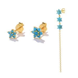 Detail view of 925 silver gold floral stud earrings and tassel chain with turquoise stones