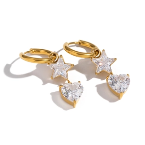 Boucles d'oreilles en acier inoxydable doré 18K avec pendentifs étoile et cœur