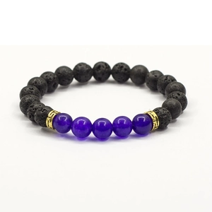 Natural volcanic stone and purple agate beaded bracelet with gold spacer for men and women.