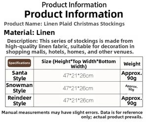 Detailed size chart for red and black plaid linen Christmas stockings showing 47x26cm dimensions