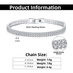 Detailed size chart for S925 silver tennis bracelet with 2mm cubic zirconia stones