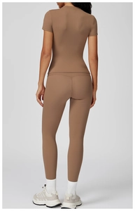 Rear view of sleek yoga set showing slimming fit and high-waist mocha brown leggings