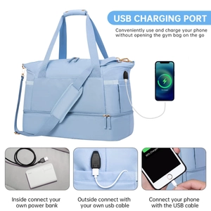 Detail of the external USB charging port and internal connection cable on gym bag