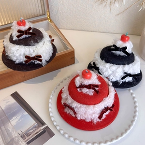Creative cherry cream cake hair clips in red, black, and coffee plush for birthday photos