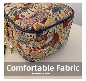 Detail of woven fabric handbag featuring floral patterns and a gold bear charm