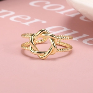 Detail of 18k gold plated double-layer braided twist ring with a geometric knot design