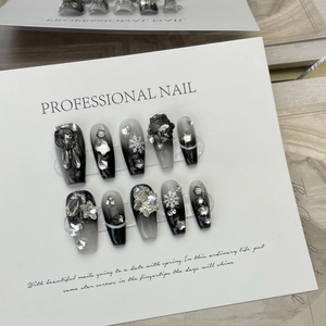 Handmade gradient grey press-on nails with silver glitter, snowflakes and 3D rhinestones