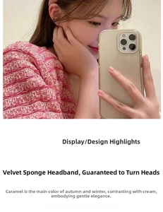 Detail view of thickened velvet sponge headband in caramel and cream color combination