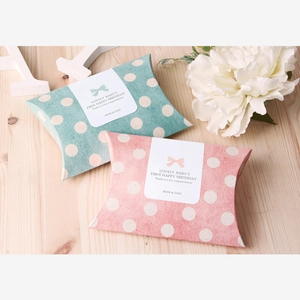 Vintage green and pink polka dot pillow gift boxes with lovely baby birthday labels