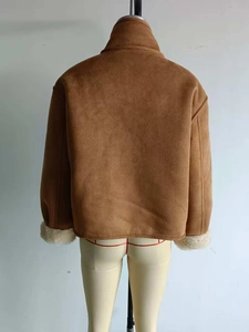 Back view of brown fleece jacket showing plush texture and stand collar detail