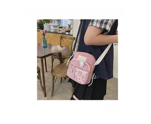 Petit sac bandoulière en toile rose avec poche transparente et motif ours mignon