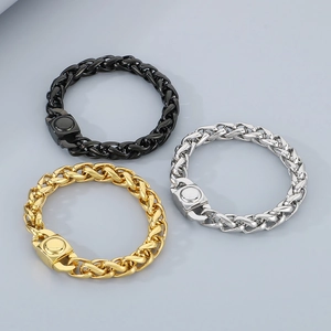 Polished 10mm stainless steel basket weave chain bracelets in black, gold, and silver finishes