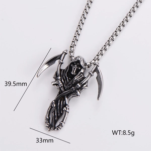 Gothic silver grim reaper scythe pendant with 39.5mm height and 33mm width details
