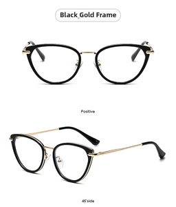 Front and 45-degree side view of black and gold oversized cat-eye sunglasses frames