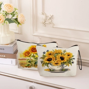 Waterproof linen sunflower cosmetic bag set with zipper and wrist strap for women