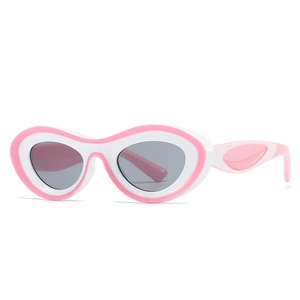 Modern oval sunglasses with pink and white layered frames and dark grey lenses for women